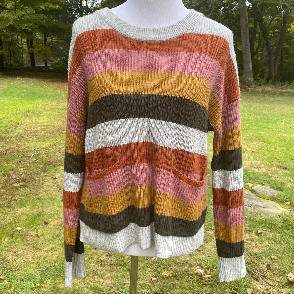 MADEWELL SWEATER CREWNECK GRAY PINK RUST GOLD COLORBLOCK STRIPES RIBBED Size M